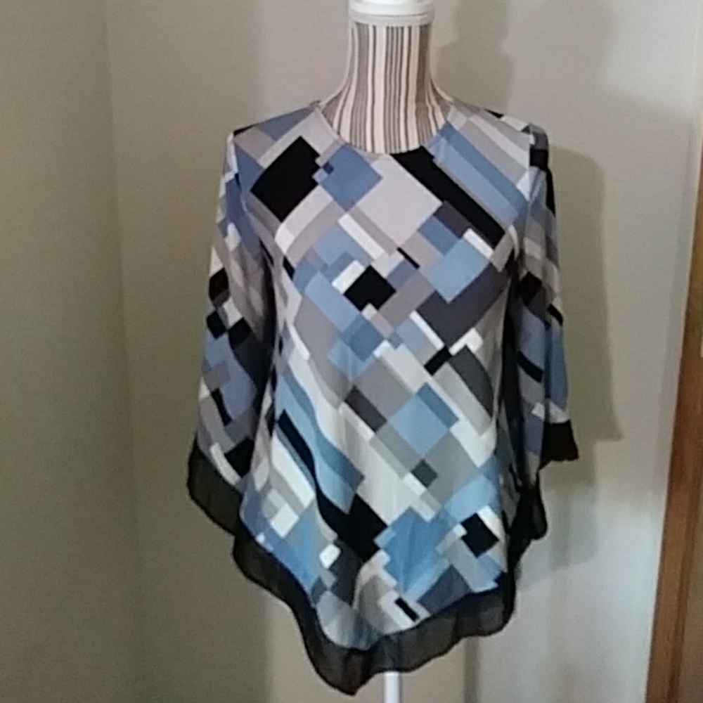 Alfani Blue and Black Boxy Blouse with Graphic Design and Three-Quarter Sleeves